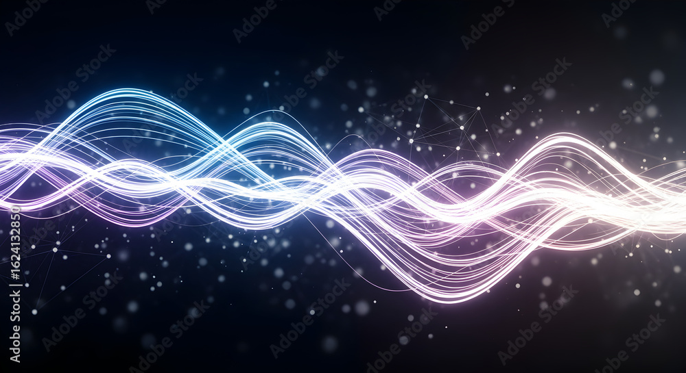 Poster abstract wave lines with purple and white lights flowing on dark background with bright particle eff