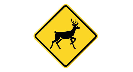Yellow diamond road sign with a deer silhouette, a warning for wildlife crossing ahead. Vector illustration isolated on white.