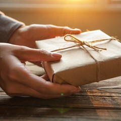 Hands presenting a beautifully wrapped gift with natural twine on rustic wooden surface bathed in soft sunlight