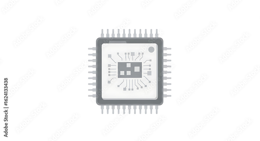 Poster a simplified gray computer chip with pins on a white background in a square format design style