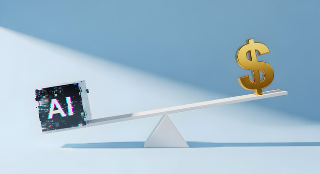 AI Versus Dollar Sign on Balance Scale in Light Blue Conceptual Background
