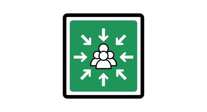 Emergency assembly point sign. Vector illustration of a muster station symbol for evacuation, showing the designated safe gathering place for a group of people.