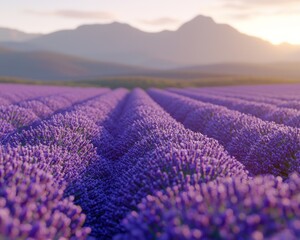 Obraz premium Lavender field rows at sunrise, mountains in the background. A vibrant, purple expanse of lavender flowers stretches to distant mountains. Soft, golden light bathes the scene