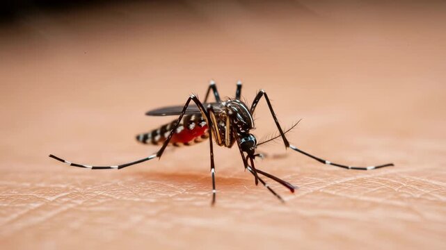 Striped Mosquito Sucking Blood on Skin Close Up. World Mosquito Day