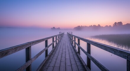 Fototapeta premium Wooden pier over water at sunrise landscape photography with pink and purple sky scenic view