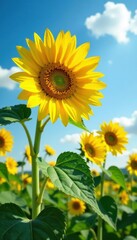 Vibrant sunflowers, dew-kissed leaves, azure backdrop, plant, yellow
