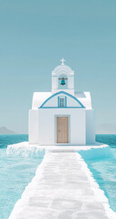 Obraz premium Iconic white chapel with blue dome stands serenely on a small island surrounded by turquoise sea waters