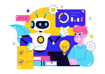 Machine Learning Vector Illustration featuring Artificial Intelligence Jobs, Scientists Working with Big Data and Technology Engineers in a Background