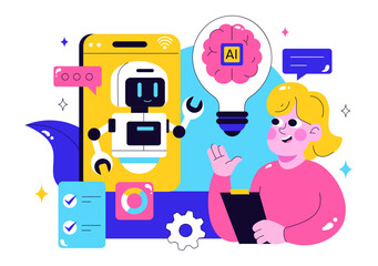 Obraz premium Machine Learning Vector Illustration featuring Artificial Intelligence Jobs, Scientists Working with Big Data and Technology Engineers in a Background