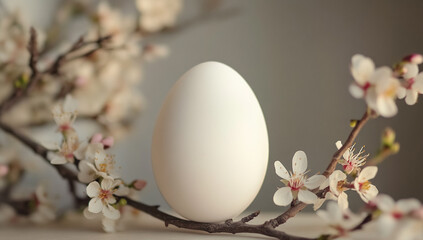 A single white easter egg rests on a delicate blooming branch with soft focus background
