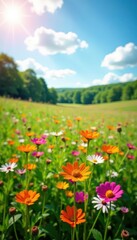 Fototapeta premium Vibrant wildflowers carpet sun-drenched field, idyllic, peaceful, landscape