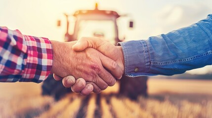 Farmers' Handshake: Agricultural Business Deal in Field with Tractor at Sunset, Symbolizing Partnership and Trust