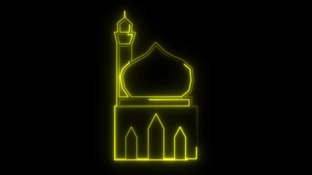 Glowing neon line orchid masjid icon animation on black background, Abstract neon glowing color masque icon animation, Mosque icon animation in fla