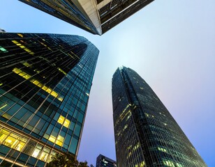 Low-angle view of several modern skyscrapers against a pale sky.