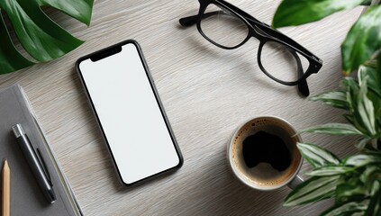 Smartphone, glasses, coffee, plants on light wood desk