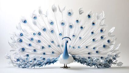 Elegant white peacock with vibrant blue eye spots displaying its magnificent fanned tail feathers