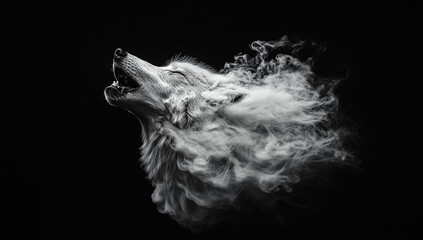 Majestic wolf head formed from swirling white smoke against a stark black background