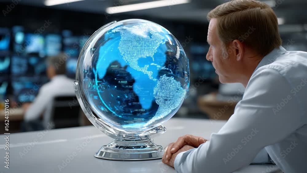 Aufkleber global perspective: a focused individual studies a captivating holographic globe, immersed in the co