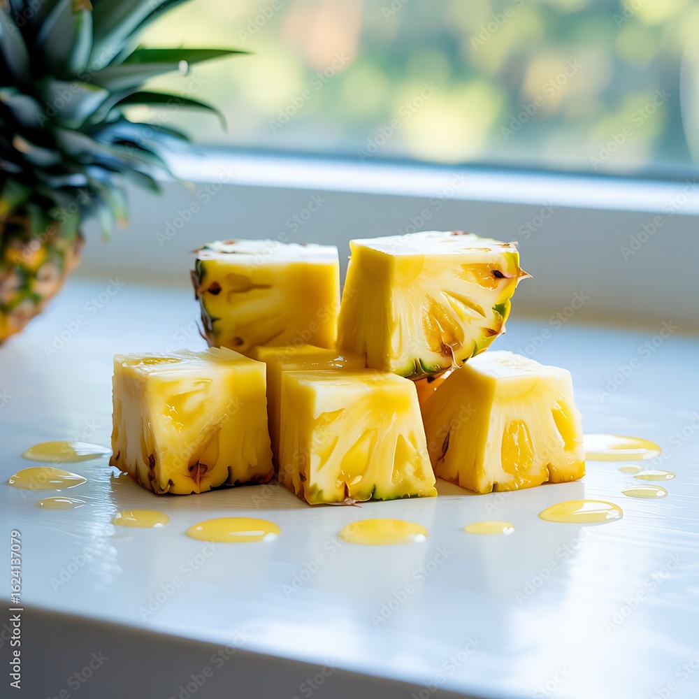 Poster sliced pineapple pieces with dripping juice on a white surface with a pineapple in the background