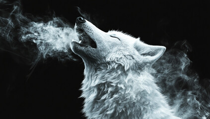 Majestic white wolf howling with icy breath against a dark mysterious background