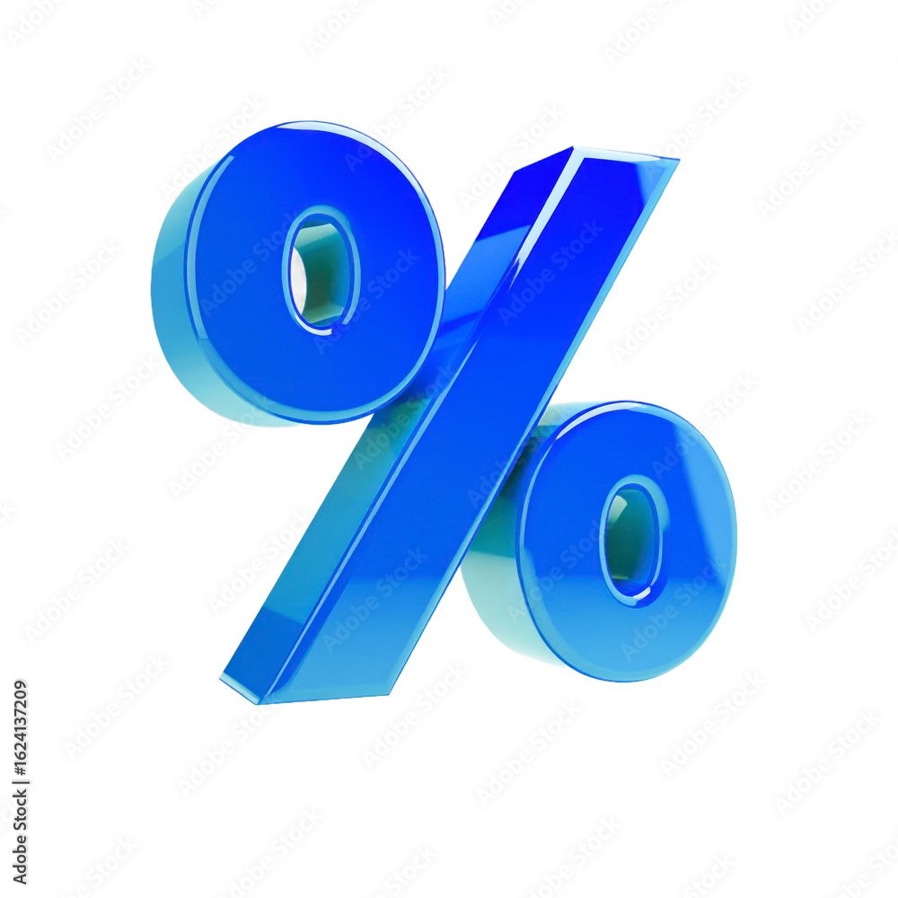 Poster glossy blue percent symbol with metallic finish on transparent background reflective surface modern 