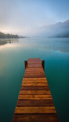 Fototapeta premium Tranquil Morning at the Lake A Wooden Dock Leading into Calm Waters with Mountains in the Background