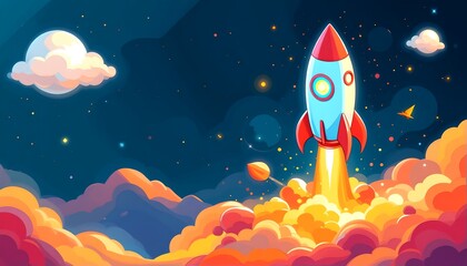 A rocket blasting off into the night sky, leaving a trail of flames behind, with clouds around. The night sky is filled with stars