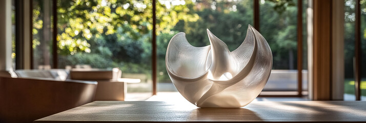 Elegant translucent glass sculpture art piece displayed on a wooden table in a modern sunlit living room