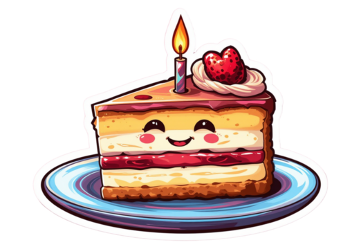 A cheerful piece of cake with a lit candle and strawberry