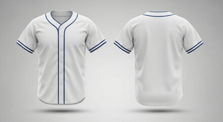 Realistic 3D mockup showcases a blank white baseball jersey with blue accents from multiple angles for customizable designs and branding opportunities