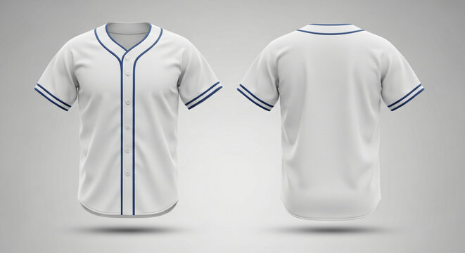 Realistic 3D mockup showcases a blank white baseball jersey with blue accents from multiple angles for customizable designs and branding opportunities
