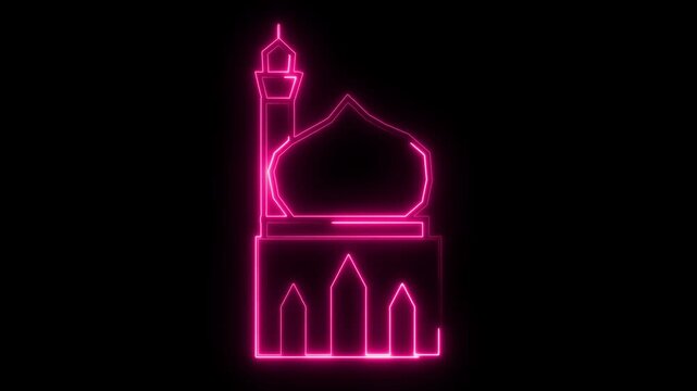 Glowing neon line orchid masjid icon animation on black background, Abstract neon glowing color masque icon animation, Mosque icon animation in fla