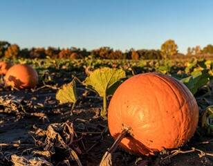 Two vibrant pumpkins resting on the ground in a pumpkin patch at sunset.