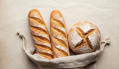A top-down shot features a rustic linen bag filled with freshly baked bread
