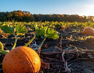 Two vibrant pumpkins resting on the ground in a pumpkin patch at sunset.