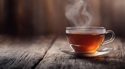 A cup of tea on a wooden background and copy space for a web banner. Illustration for a tea product advertisement.