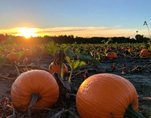 Two vibrant pumpkins resting on the ground in a pumpkin patch at sunset.