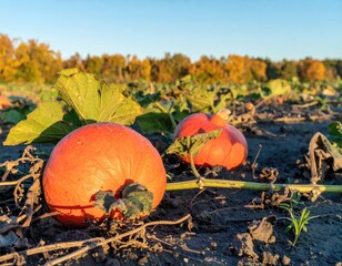 Two vibrant pumpkins resting on the ground in a pumpkin patch at sunset.