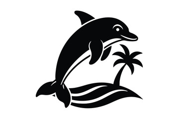 Naklejka premium illustrate a cartoon dolphin surfing on a wave wi.eps