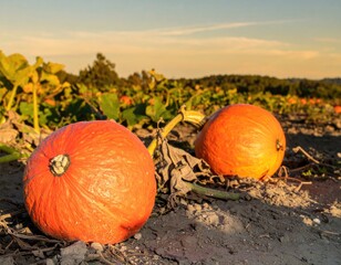 Two vibrant pumpkins resting on the ground in a pumpkin patch at sunset.