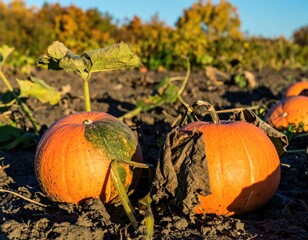 Two vibrant pumpkins resting on the ground in a pumpkin patch at sunset.