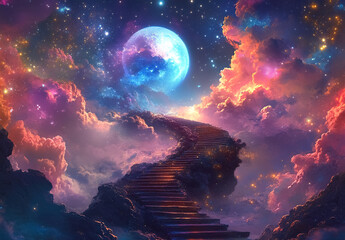 Enchanting cosmic stairway ascends towards a luminous blue moon amidst vibrant nebula clouds
