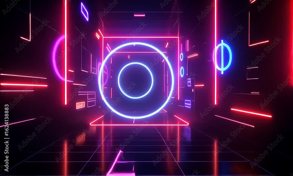 Poster futuristic neon tunnel with geometric shapes illuminated in red and blue creating modern abstract ba