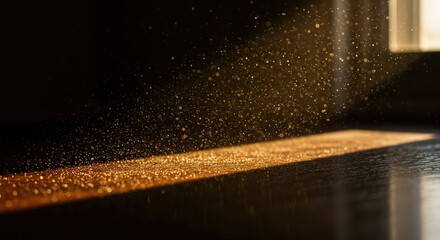 Golden dust particles floating in sunlit room, light beam shining, indoor air quality concept image
