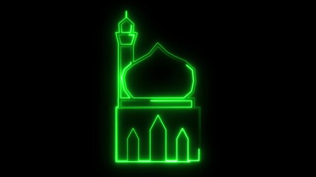Glowing neon line orchid masjid icon animation on black background, Abstract neon glowing color masque icon animation, Mosque icon animation in fla