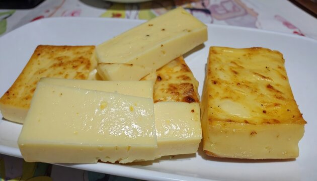 Slices of baked cheese on a plate