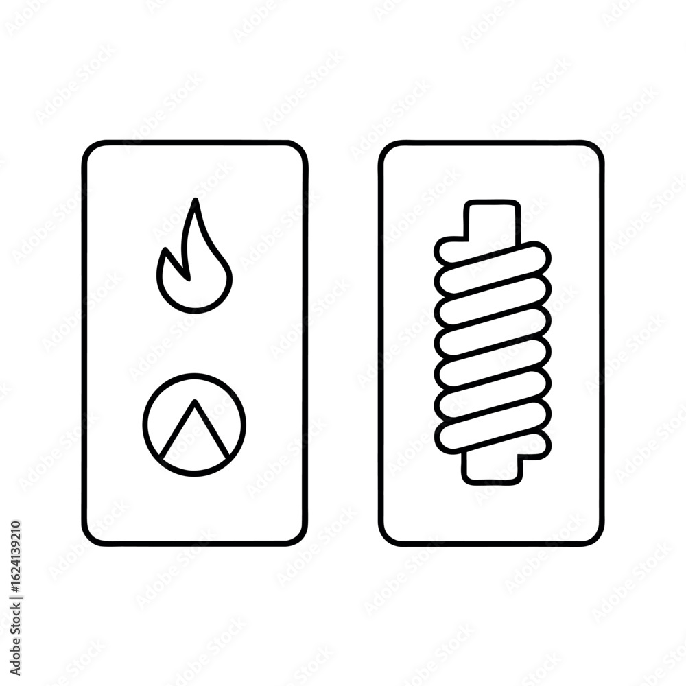 Poster set of two distinct heating element icons one representing a flame and the other a coil presented si