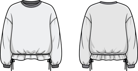 Stylish crewneck sweatshirt with voluminous sleeves, a ruffled drawstring hem, and dropped shoulders, a technical fashion flat sketch vector.