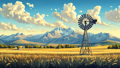 Iconic american windmill stands tall in a golden wheat field with majestic snow capped mountains in the background under a blue sky with dramatic clouds