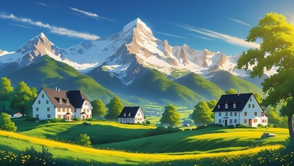 Idyllic white houses nestled in green rolling hills with a majestic snow-capped mountain range under a blue sky